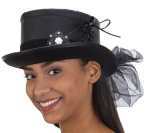Ladies Black Faux Leather Steampunk Top Hat with Cameo
