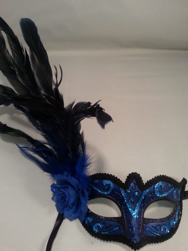 Blue Masquerade Mask with Side Feathers and Rose