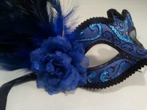 Blue Masquerade Mask with Side Feathers and Rose