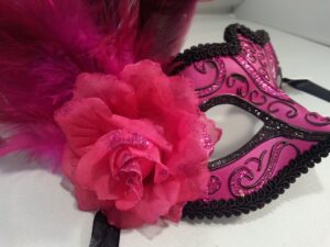 Hot Pink Masquerade Mask with Side Feathers and Rose