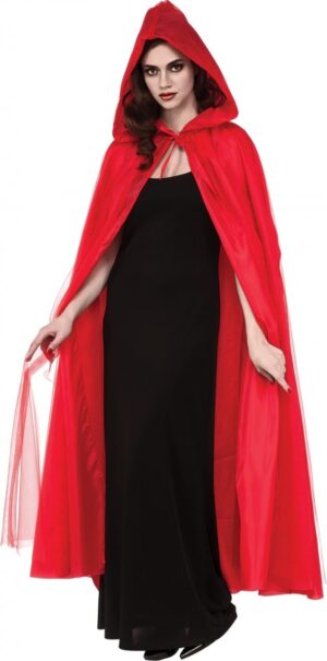 Full Length Red Hooded Cape with Tulle Overlay