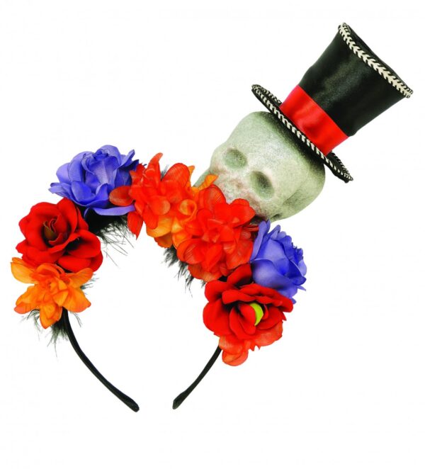 Day of the Dead Headband with Skull and Flowers