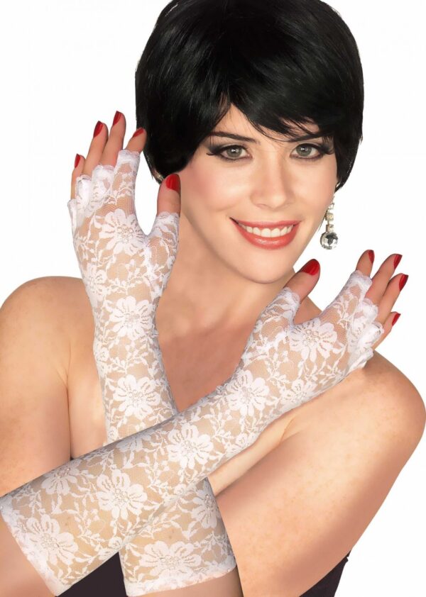 Long White Fingerless Lace Gloves