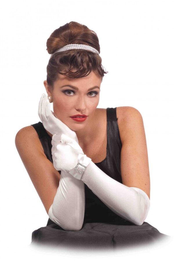 Long White Satin Gloves with Buckle