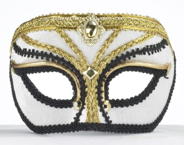 White Masquerade Mask with Gold & Black Trim