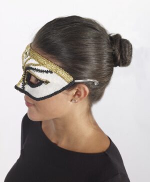 White Masquerade Mask with Gold & Black Trim