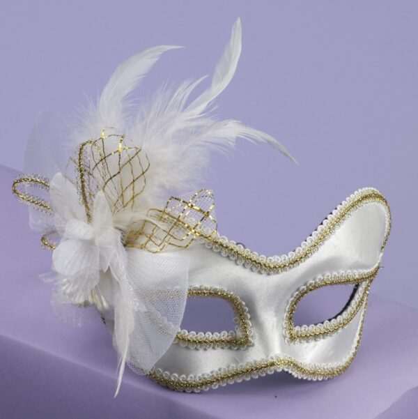 White Masquerade Mask with Side Feathers