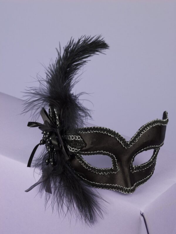 Black Masquerade Mask with Side  Feathers