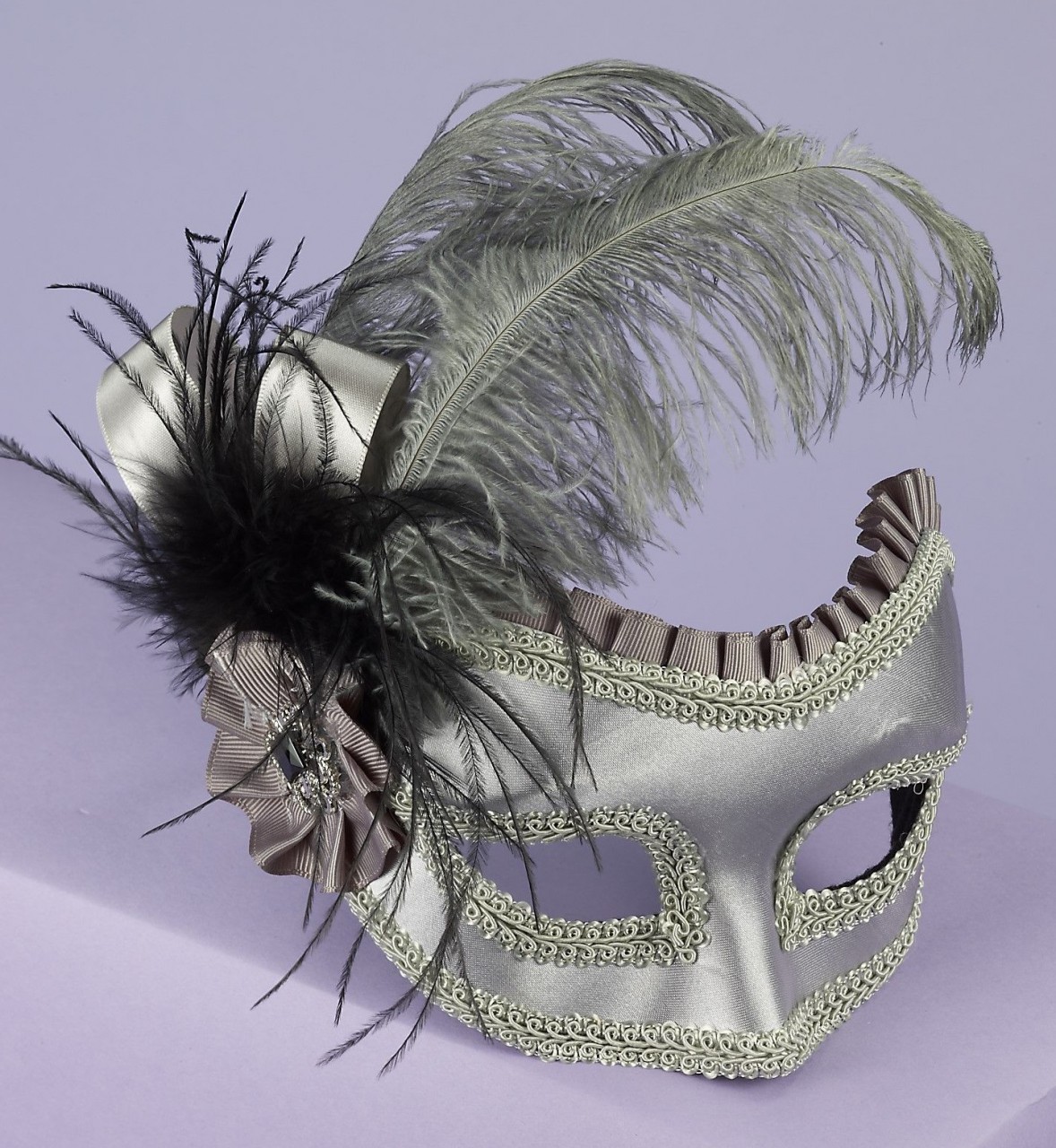 Silver Grey Masquerade Mask with Side Feather