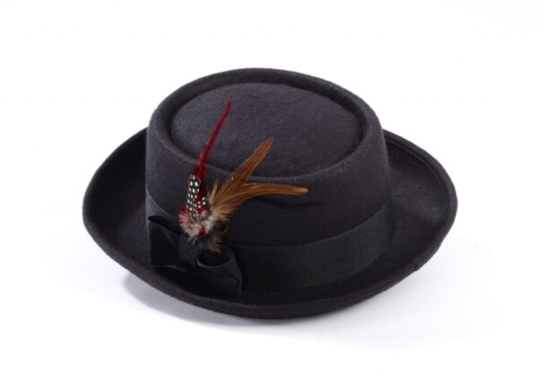 Black Pork Pie Hat with Feather