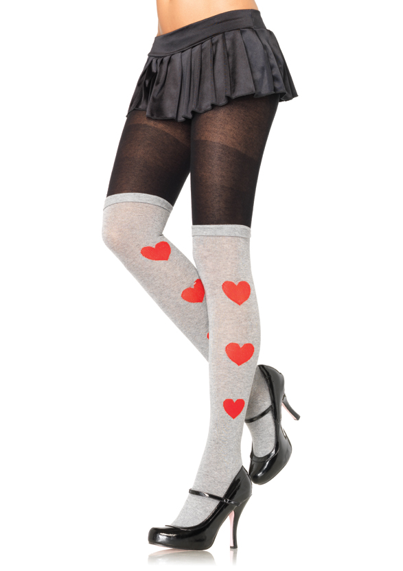 Black and Grey Acyclic Tights with Side Heart Print