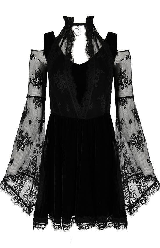 Layered Lace Gothic Dress with a Crescent Charm