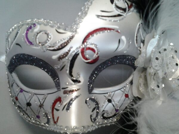 Silver Venetian Mask with Side Feathers