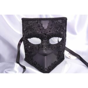 Bauta Men's Masquerade Mask - Black w/Lace