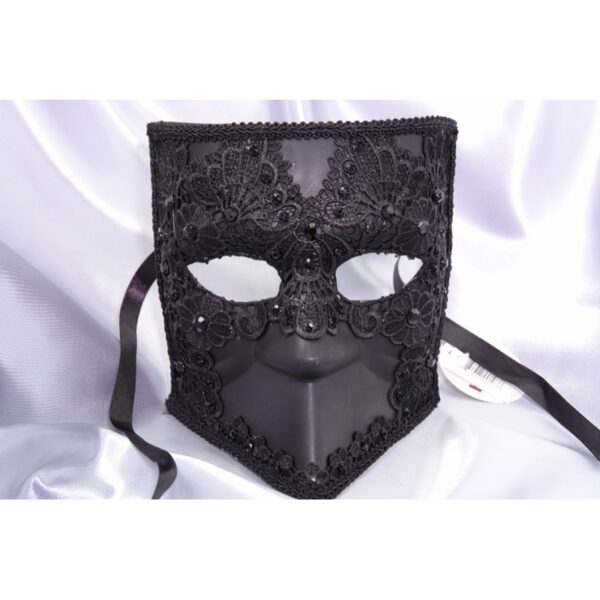 Bauta Men's Masquerade Mask - Black w/Lace
