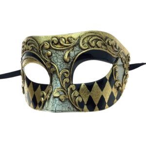 Venetian Men's Gold & Black Harlequin Mask 