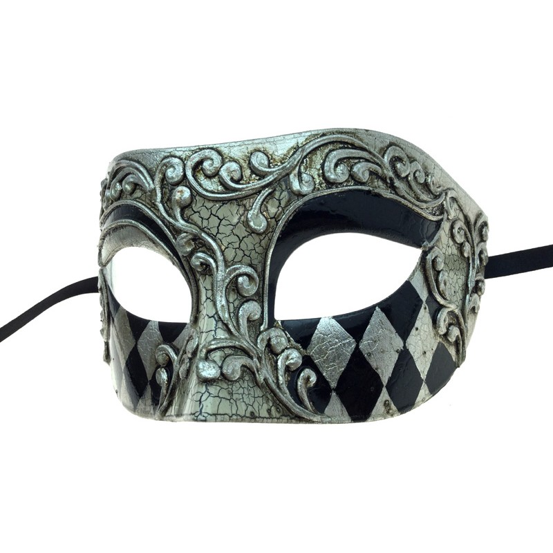 Venetian Men's Silver & Black Harlequin Mask