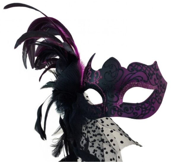 Black and Purple Masquerade Mask with Side Feathers