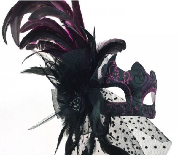 Black and Purple Masquerade Mask with Side Feathers