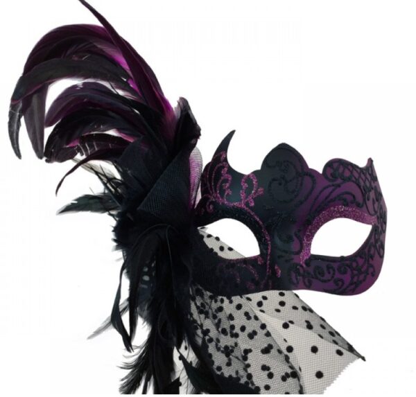 Black and Purple Masquerade Mask with Side Feathers