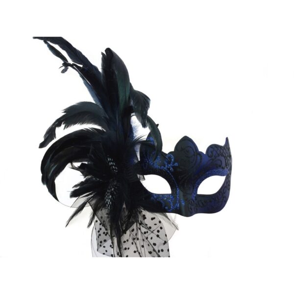 Black and Blue Masquerade Mask with Side Feathers