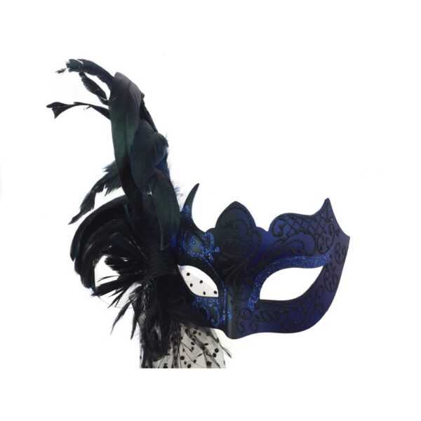 Black and Blue Masquerade Mask with Side Feathers