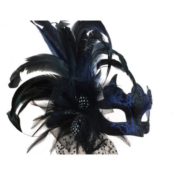 Black and Blue Masquerade Mask with Side Feathers