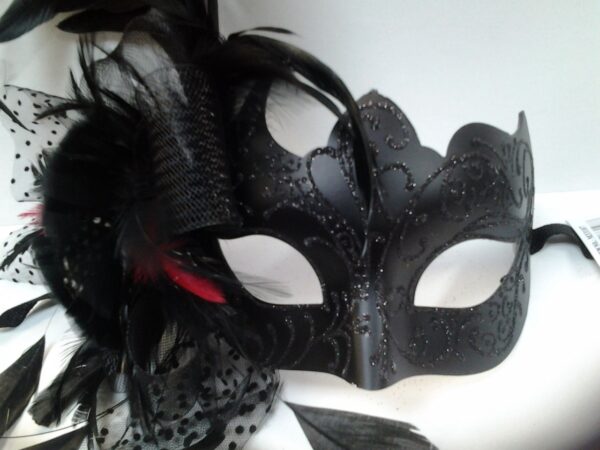 Black Masquerade Mask with Side Feathers