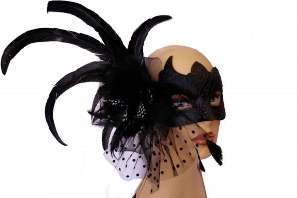 Black Masquerade Mask with Side Feathers