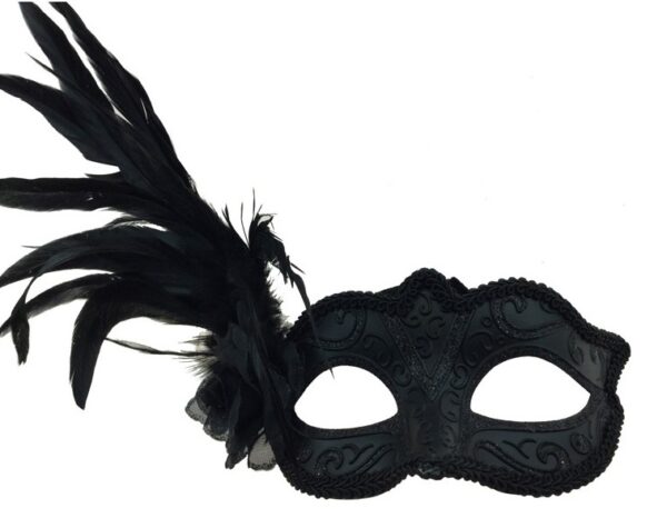 Black  Masquerade Mask with Side Feathers and Rose