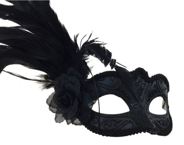 Black  Masquerade Mask with Side Feathers and Rose