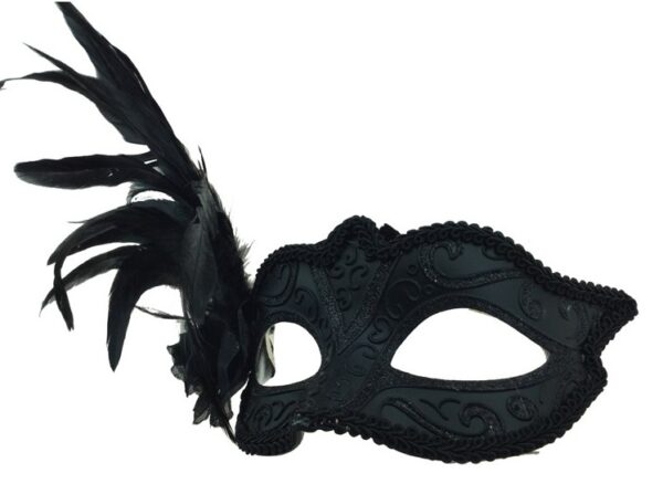 Black  Masquerade Mask with Side Feathers and Rose