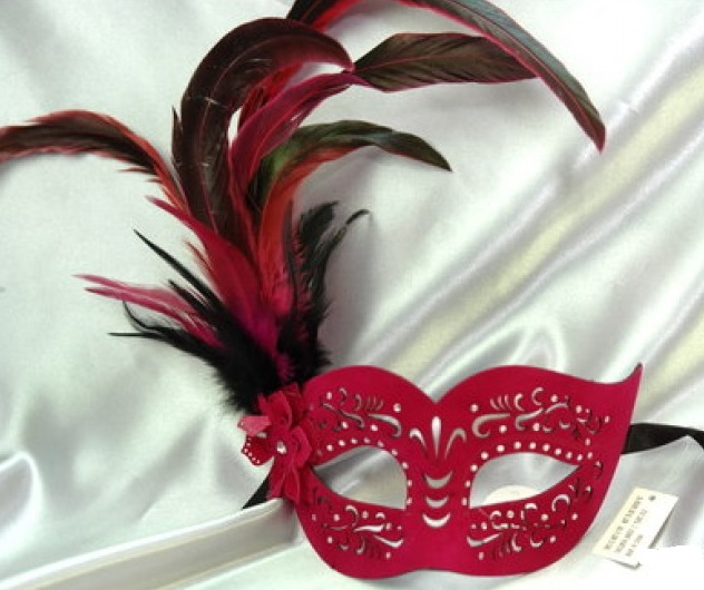 Hot Pink Leather-Cut Mask with Side Feathers