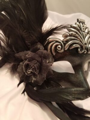 Black and Silver  Masquerade Mask w/ Rose & Feathers