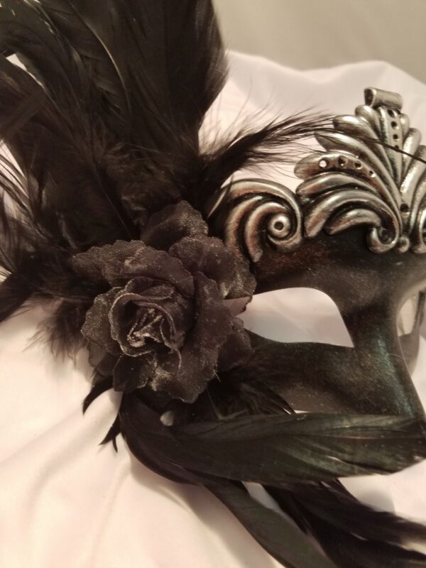 Black and Silver  Masquerade Mask w/ Rose & Feathers