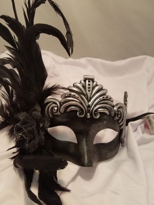 Black and Silver  Masquerade Mask w/ Rose & Feathers