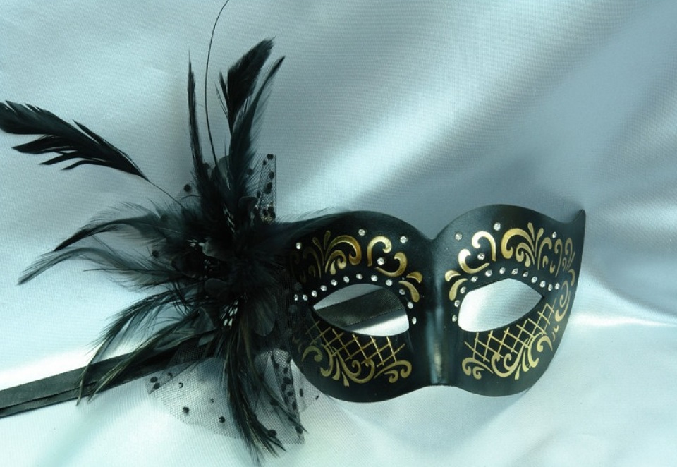 Black Leather Mask with Side Feathers