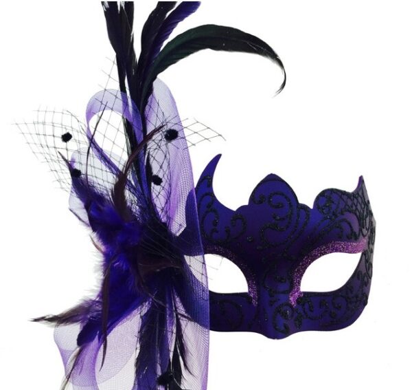 Purple Venetian Mask W/ Side Feathers & Tulle