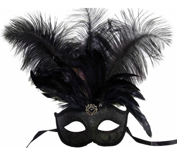 Black Masquerade Mask with Front Feathers