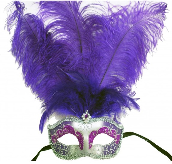 Purple & Silver Masquerade Mask with Front Feathers