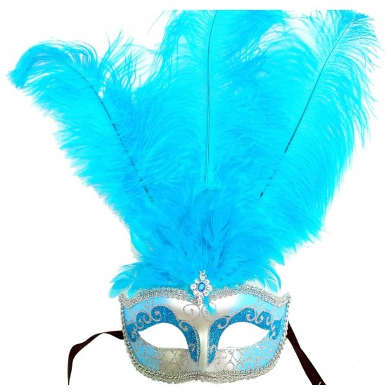 Sky Blue & Silver Masquerade Mask with Front Feathers