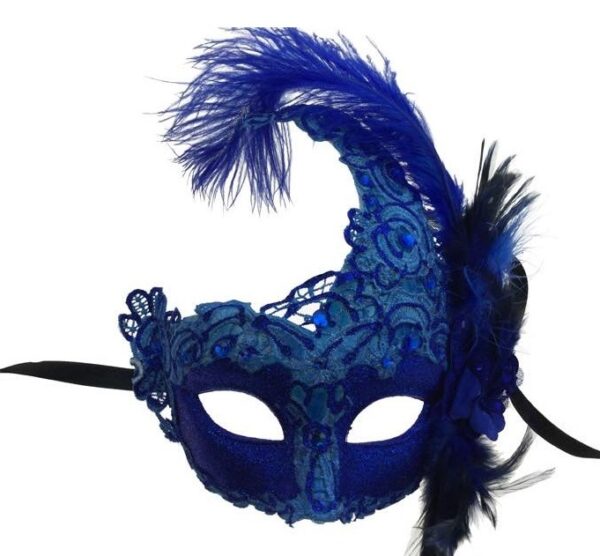 Blue Masquerade Mask with  Lace and Feathers