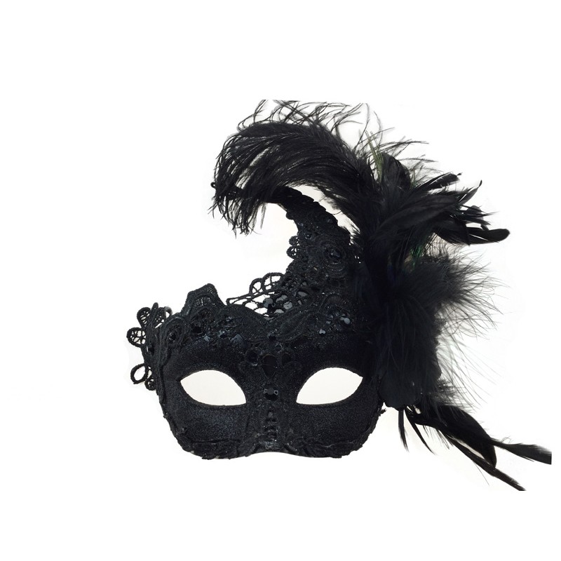 Black Masquerade Mask with Lace and Feathers