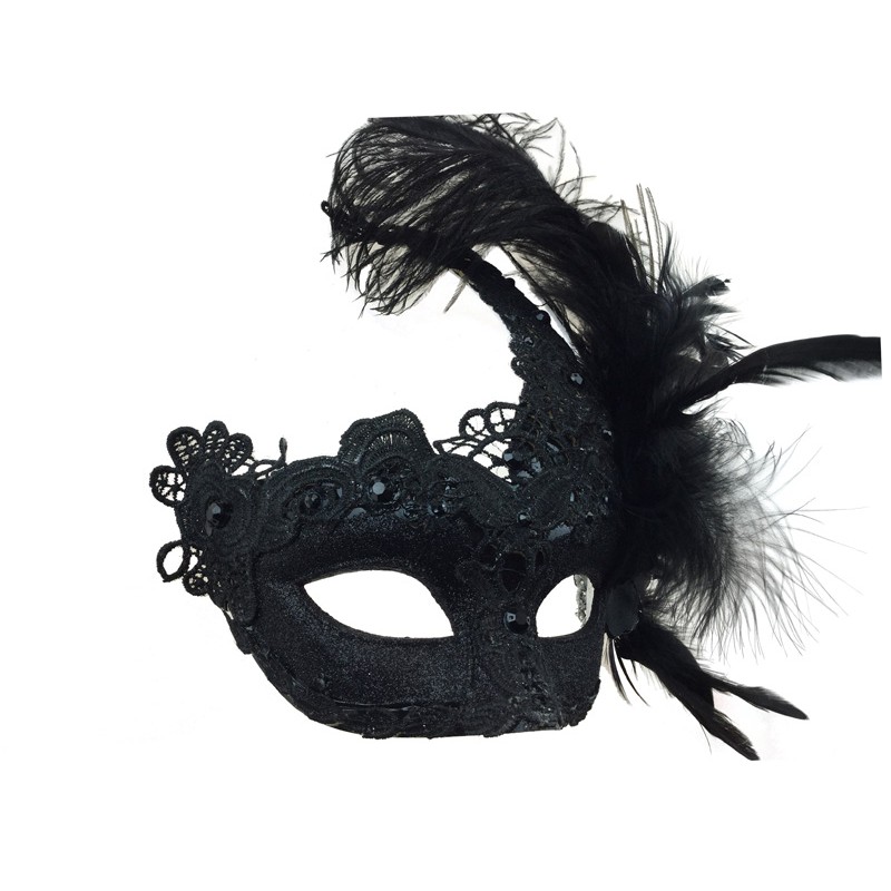 Black Masquerade Mask with Lace and Feathers