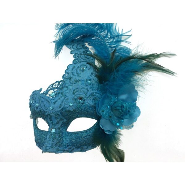 Blue Masquerade Mask with Lace and Feathers
