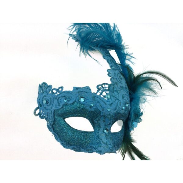 Blue Masquerade Mask with Lace and Feathers