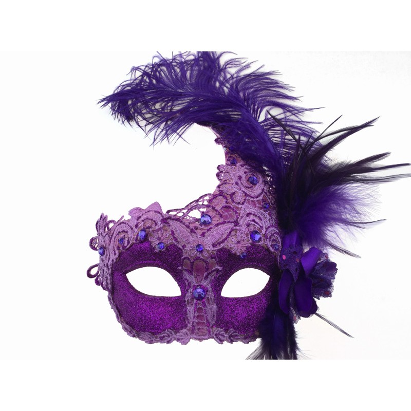 Purple Masquerade Mask with Lace and Feathers