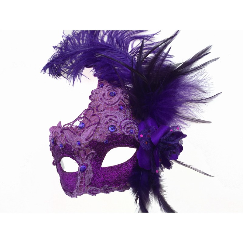 Purple Masquerade Mask with Lace and Feathers