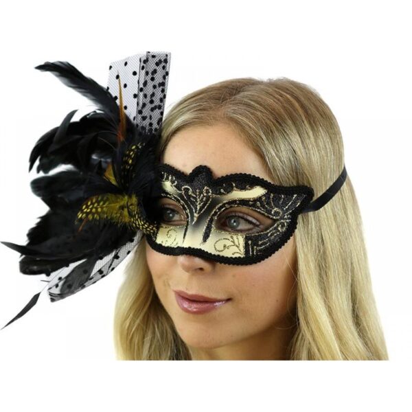 Black and Gold Venetian Mask with Side Feather