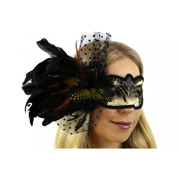 Black and Gold Venetian Mask with Side Feather